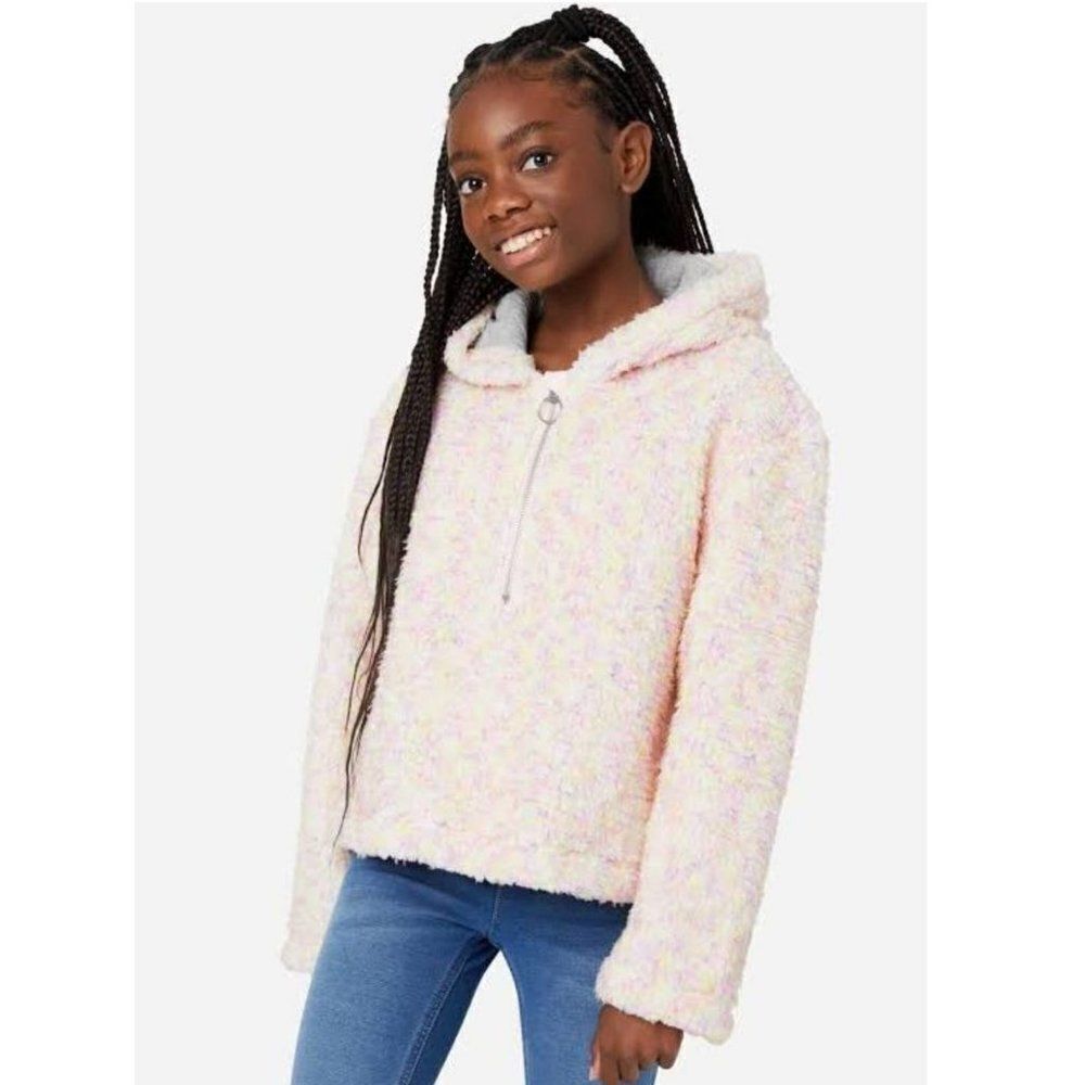 Justice Cotton Candy Pastel Multicolor Hooded Half Zip Sherpa Pullover in Blush